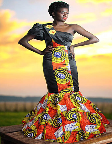 Afina  Afrocentric Print and Solid Black One Shoulder Gown (Made to Order)