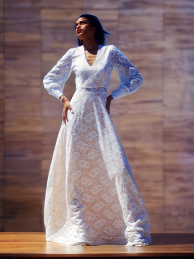 The Angelica Long Sleeve  Lace V Neck Bridal Gown